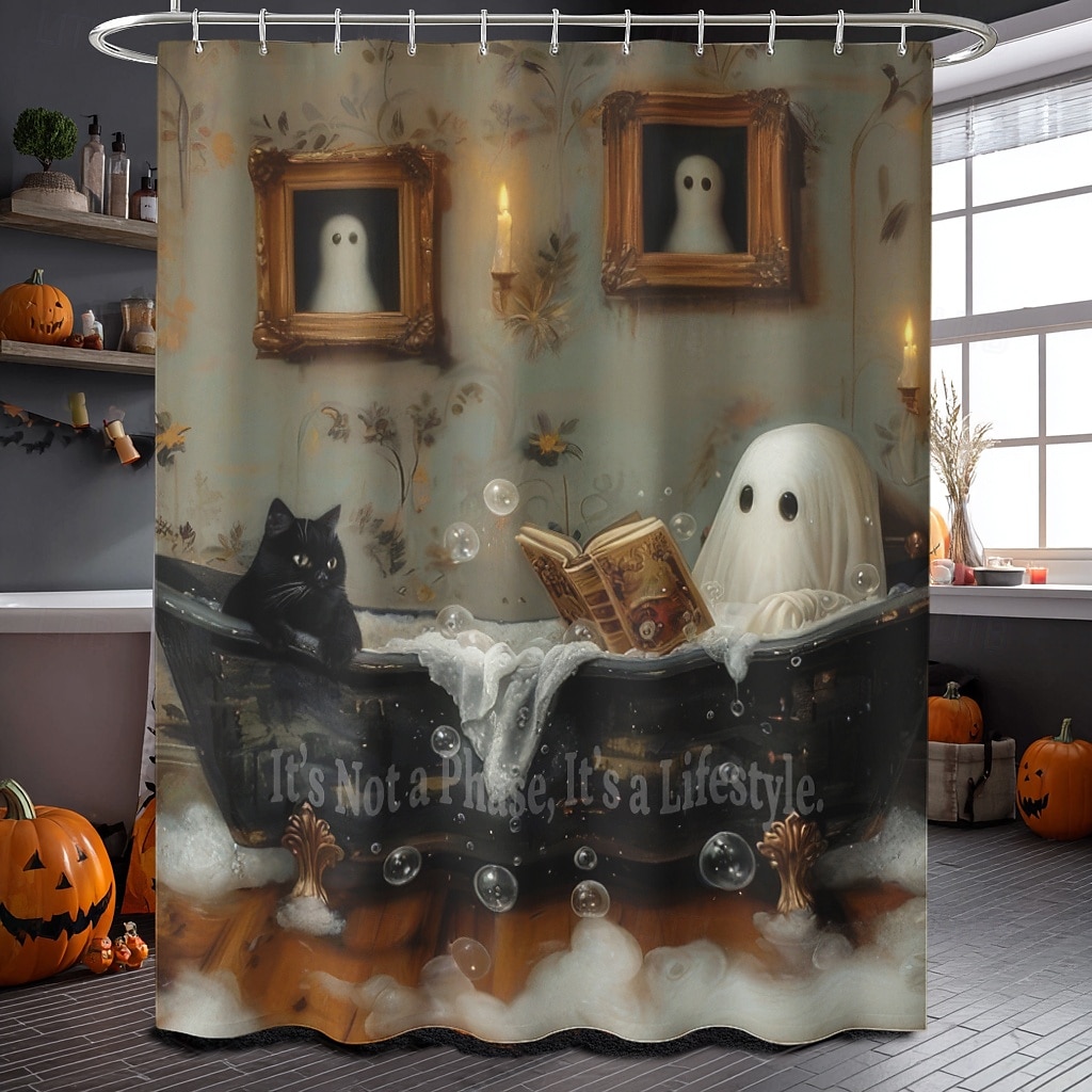 Halloweenský sprchový závěs s háčky, polyesterový, pratelný, voděodolný, vzorovaný, koupelnová vana, dekorace 2025 - $21.99 –P22