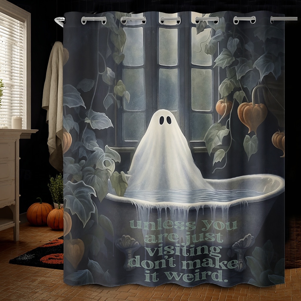 Halloweenský sprchový závěs s háčky, polyesterový, pratelný, voděodolný, vzorovaný, koupelnová vana, dekorace 2025 - $21.99 –P16