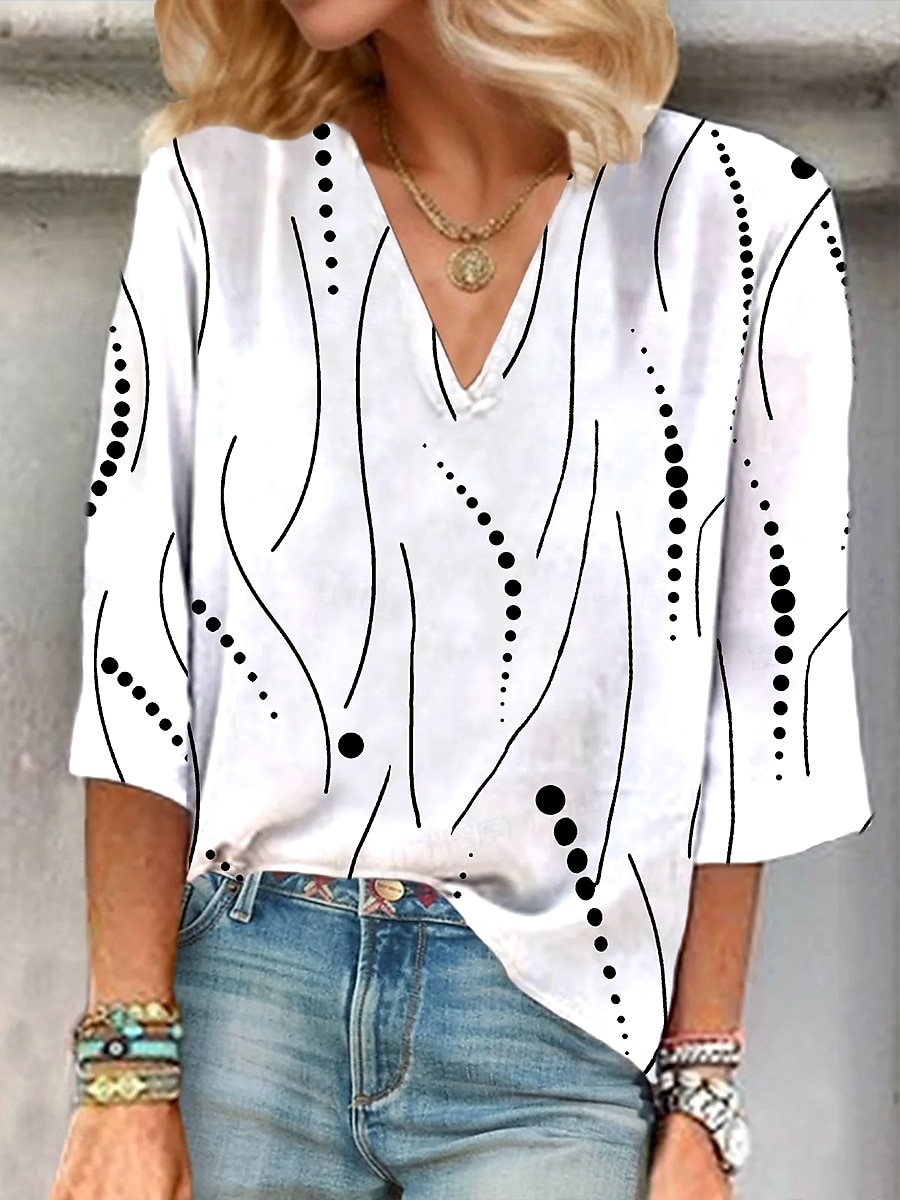 Dames Blouse Grafisch Stip Abstract Elegant Vintage Stijlvol 3/4 mouw V-hals Normale tops Dagelijks Uitgaan Afdrukken Wit Lichtgroen Blozend Roze Licht Blauw Zomer Lente Herfst 2025 - $25.99 –P1