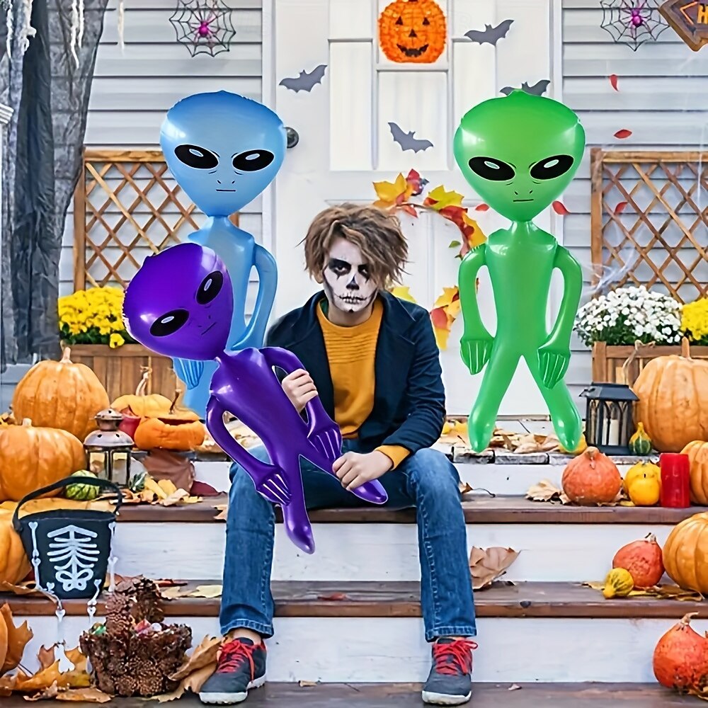 3 figuras inflables alienígenas coloridas para decoración festiva de Halloween con calabazas y telarañas. &Linternas de 85 cm/33,5 pulgadas: perfectas para celebraciones espeluznantes, de plástico 2025 - $27.99 –P1