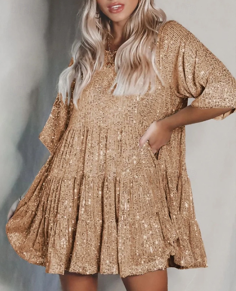 Per donna Mini Abito Abito con Paillettes Abito da Cocktail Moda Moderno Festa serale Cocktail party Vestibilità regolare Semplice Manica Corta Girocollo Argento Grigio nero Nero Bianco Estate del 2025 a $27.99 –P6