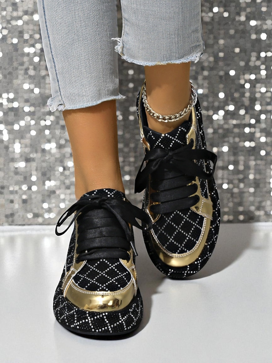 Tênis femininos acolchoados com strass - sapatos de festa com cadarço preto e prata para vida noturna, baladas e streetwear moderno de 2025 por $34.99 –P7