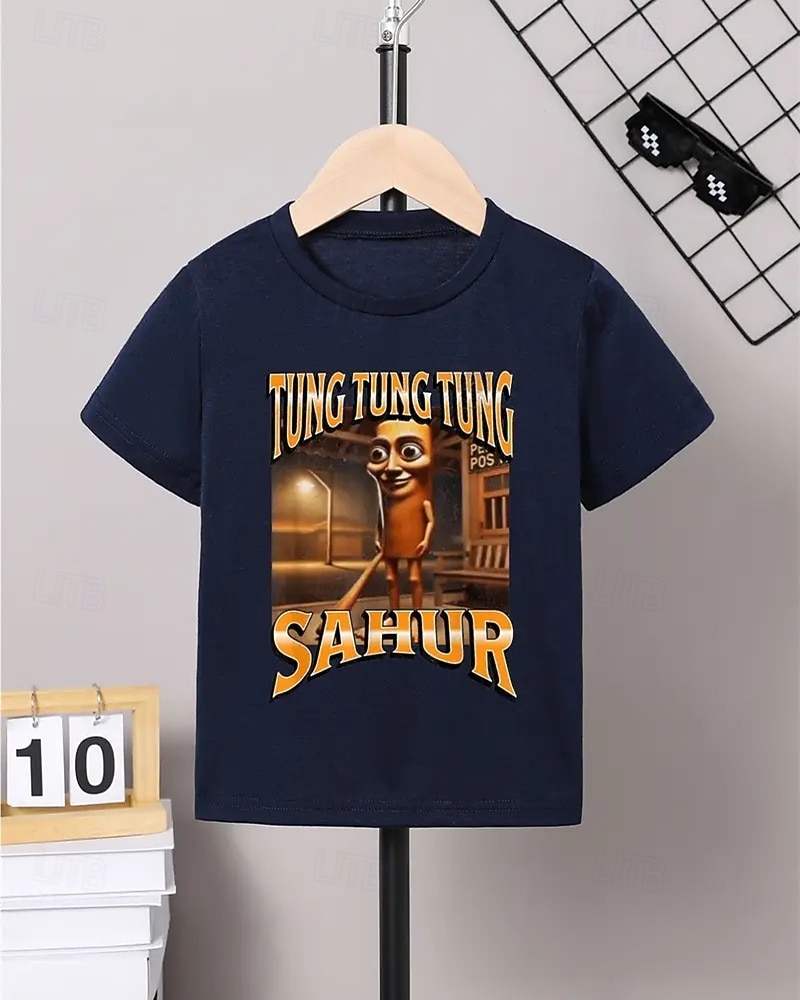 Boys' Blue T-Shirt with Cartoon Character Print - Tung Tung Tung Sahur Design Short Sleeve Summer Spring Fashion Basic Kids 4-12 Years Crew Neck Outdoor Casual Daily Regular Fit 2026 - $11.99 –P6
