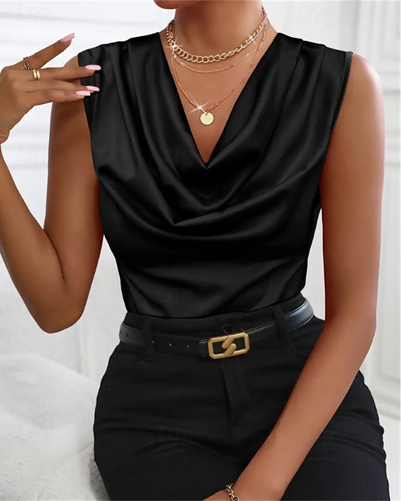 גופייה לנשים סאטן חלקה אופנתי מודרני ללא שרוולים צווארון מרופד רגיל חולצות יומיומי ליציאה סוף שבוע שחור כתום חאקי קיץ 2025 - $25.99 –P15