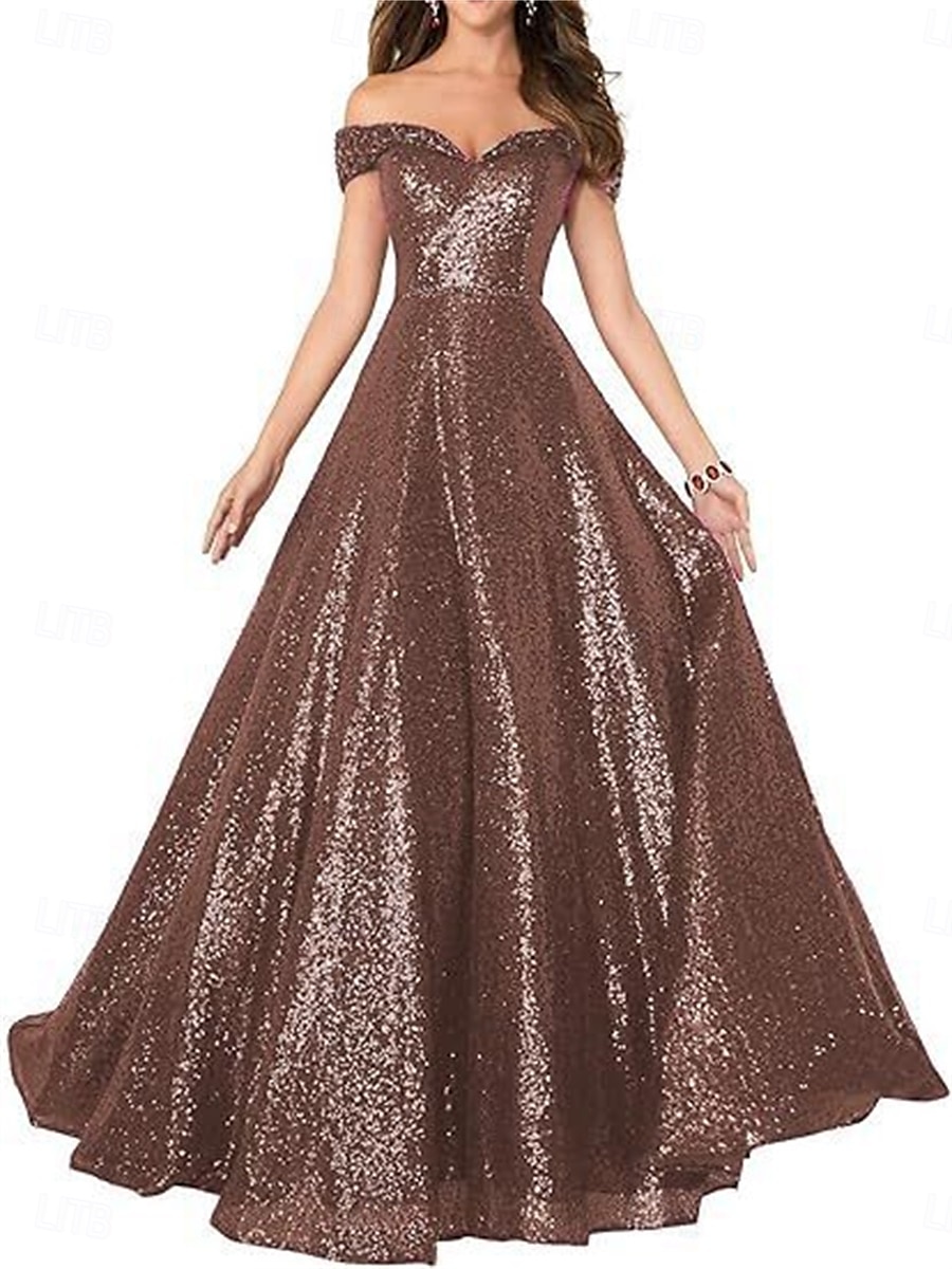 A-Line Evening Gown Elegant Dress Formal Performance Floor Length Short Sleeve Off Shoulder Sequined Backless with Pleats 2025 - $129.99 –P16