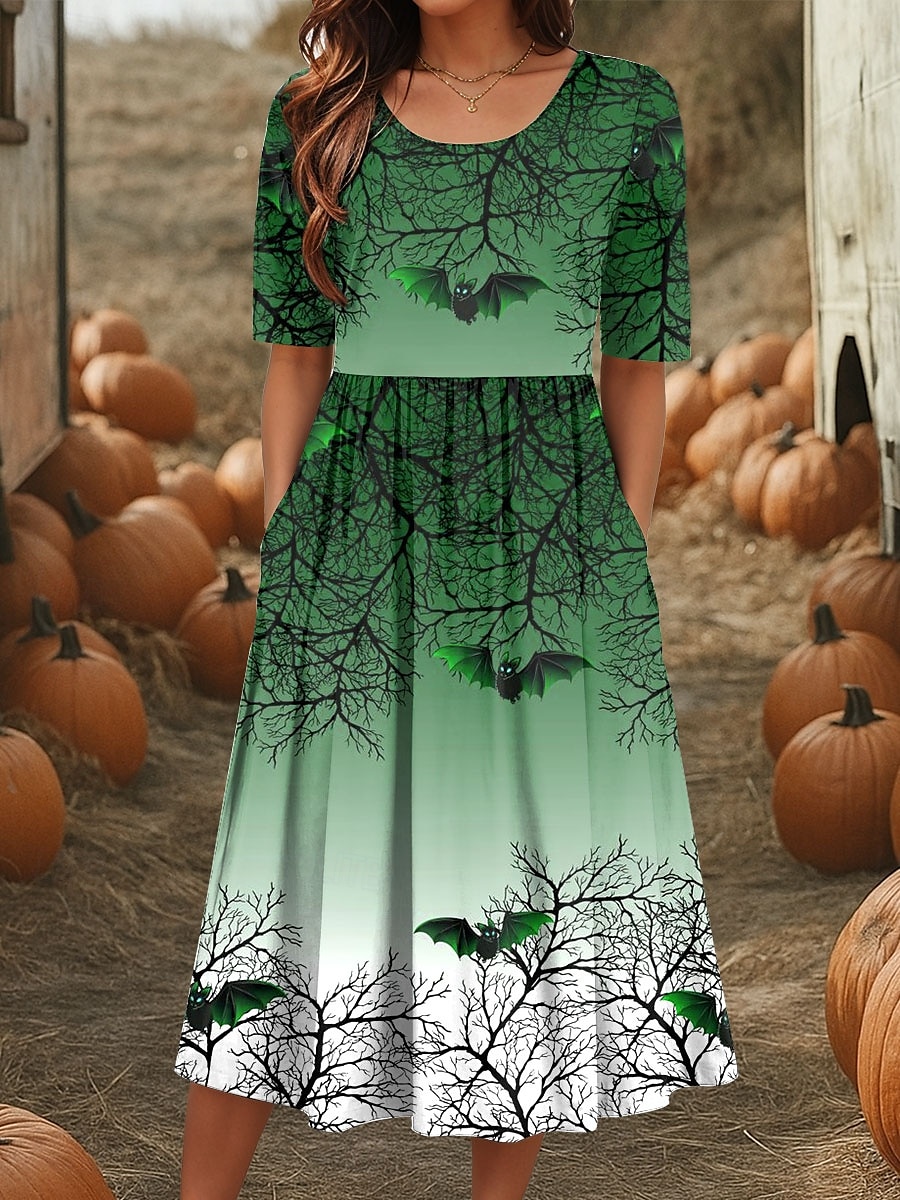 Halloween Dámské Midi Šaty A Linie Šaty Letní Šaty Dovolená Příležitostný Každodenní Svátek Běžné Fit Grafický Zvíře Poloviční Rukáv Kulatý Výstřih Modrá Fialová Zelená Léto Podzim 2025 - $31.99 –P3