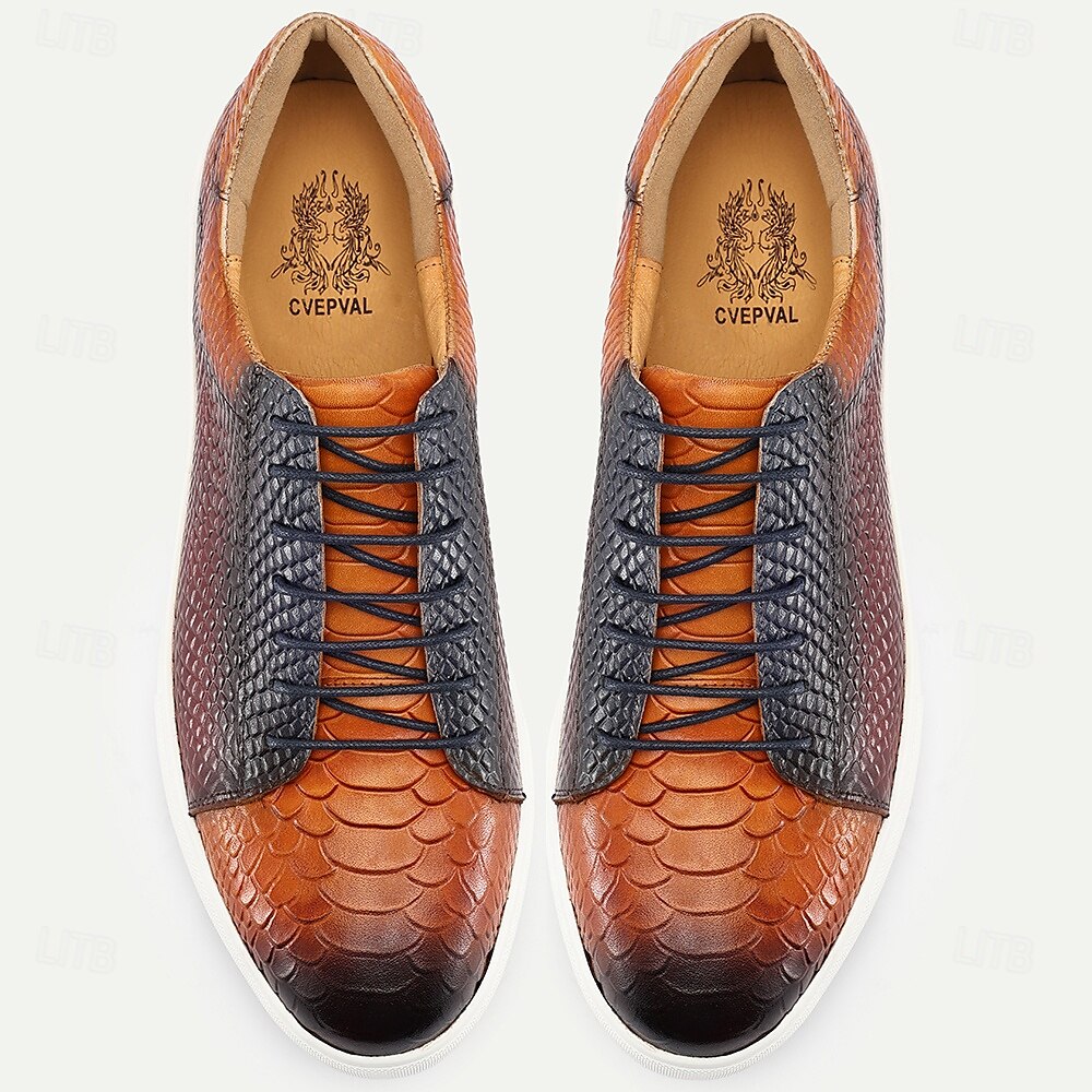 Herrsneakers i äkta läder med krokodilmönster – tonade orange snörskor för eleganta herrar, smart casual-looker och helgsammankomster 2025 - $84.99 –P4