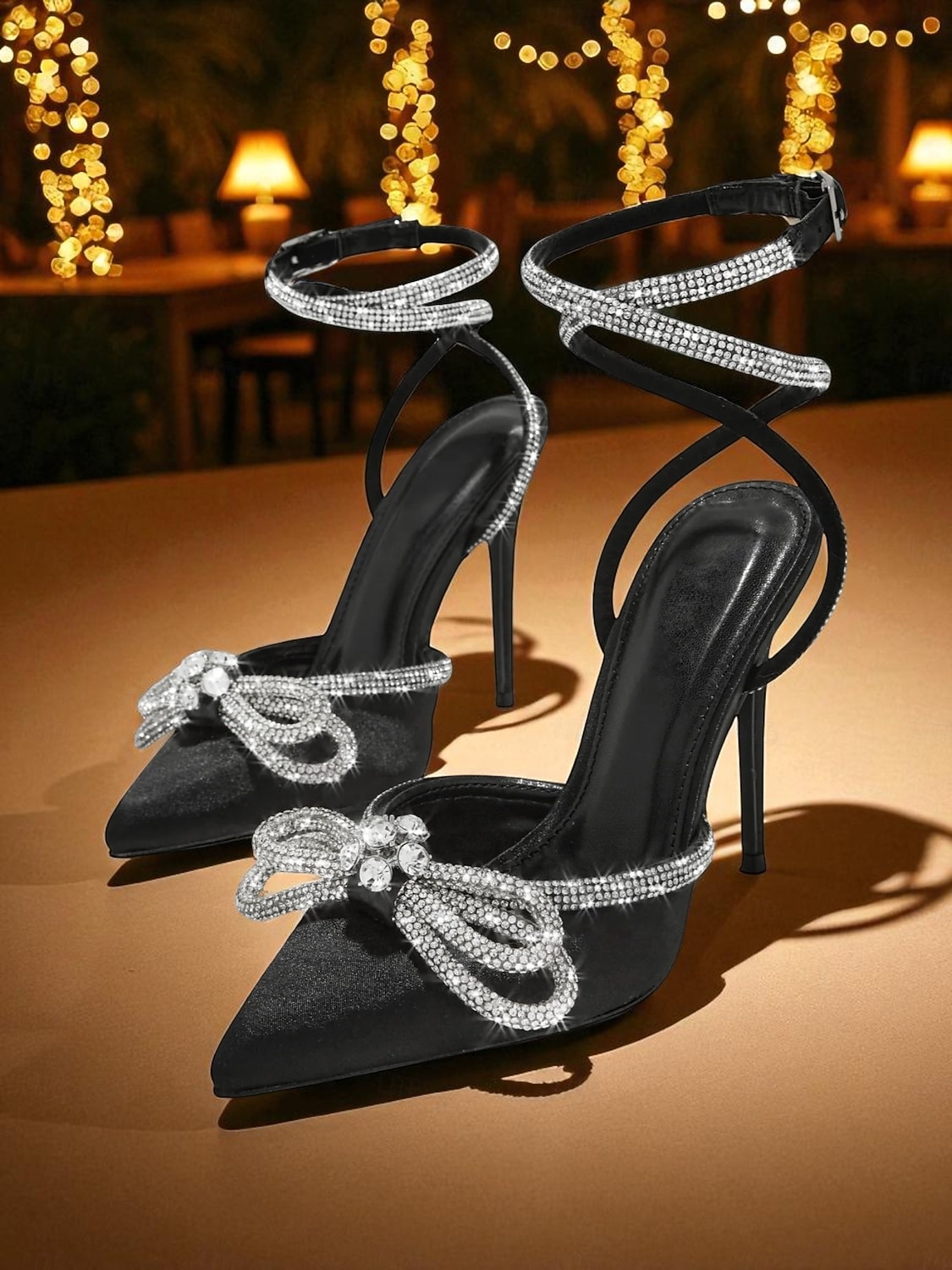salto agulha feminino de cetim preto com laço de strass e tira no tornozelo - salto alto elegante para eventos formais e coquetéis de 2026 por $54.99 –P4