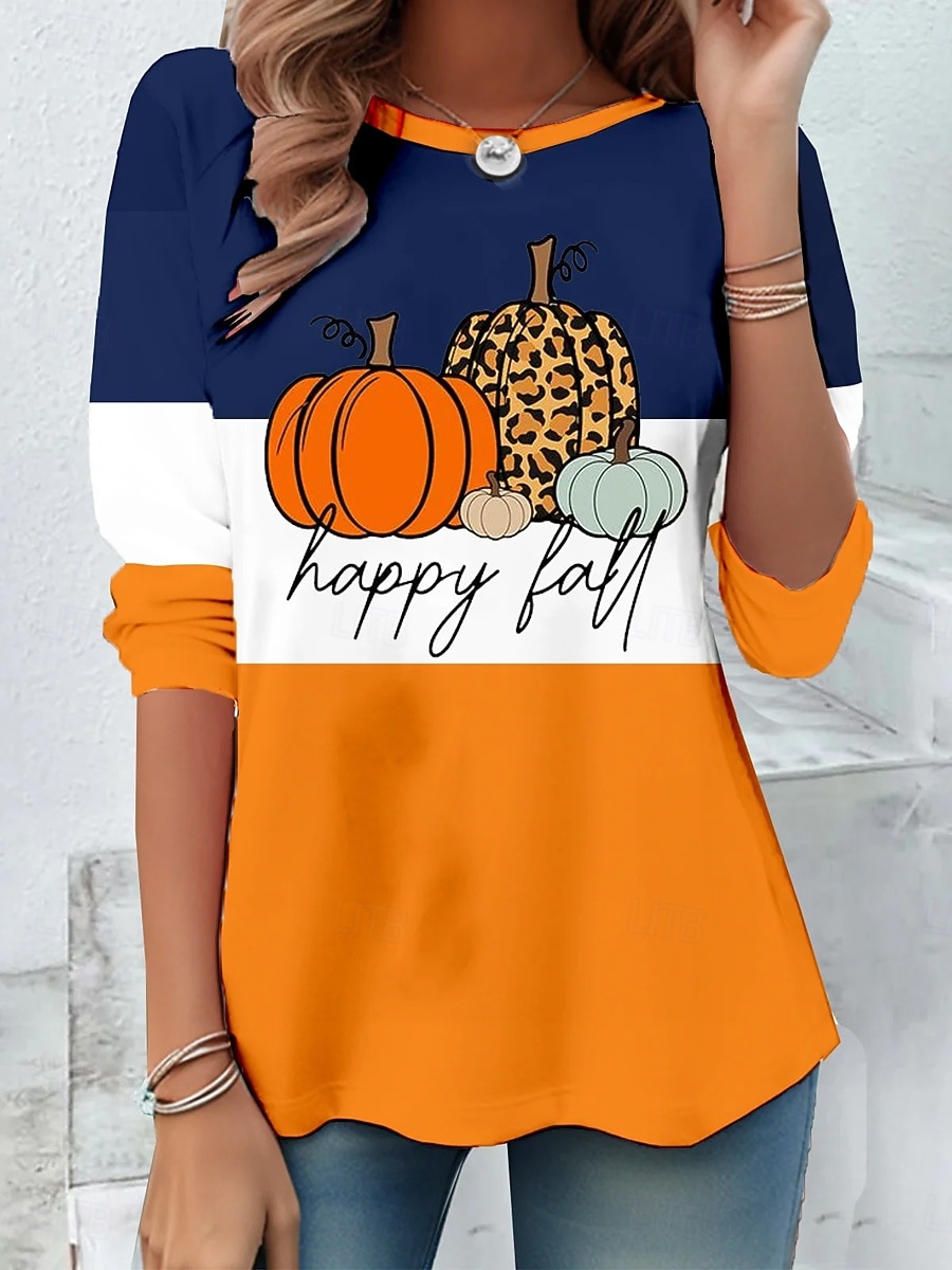 Halloween Koszulka Kobieca z Długim Rękawem Tunika Graficzna Dynia Casual Regularne Top codzienny nadruk Biały Niebieski Pomarańczowy Jesień 2025 - $22.99 –P1