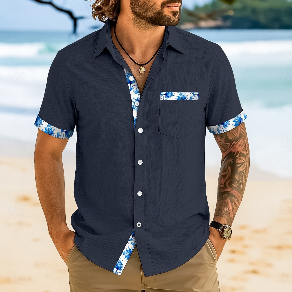 Herren Hemd Leinenhemd Sommerhemd Strandhemd Karomuster Urlaub Lässig Weiß Rosa Marineblau Leicht Blau Kurzarm Kragen Sommer Bekleidung 2025 - $20.99 –P7