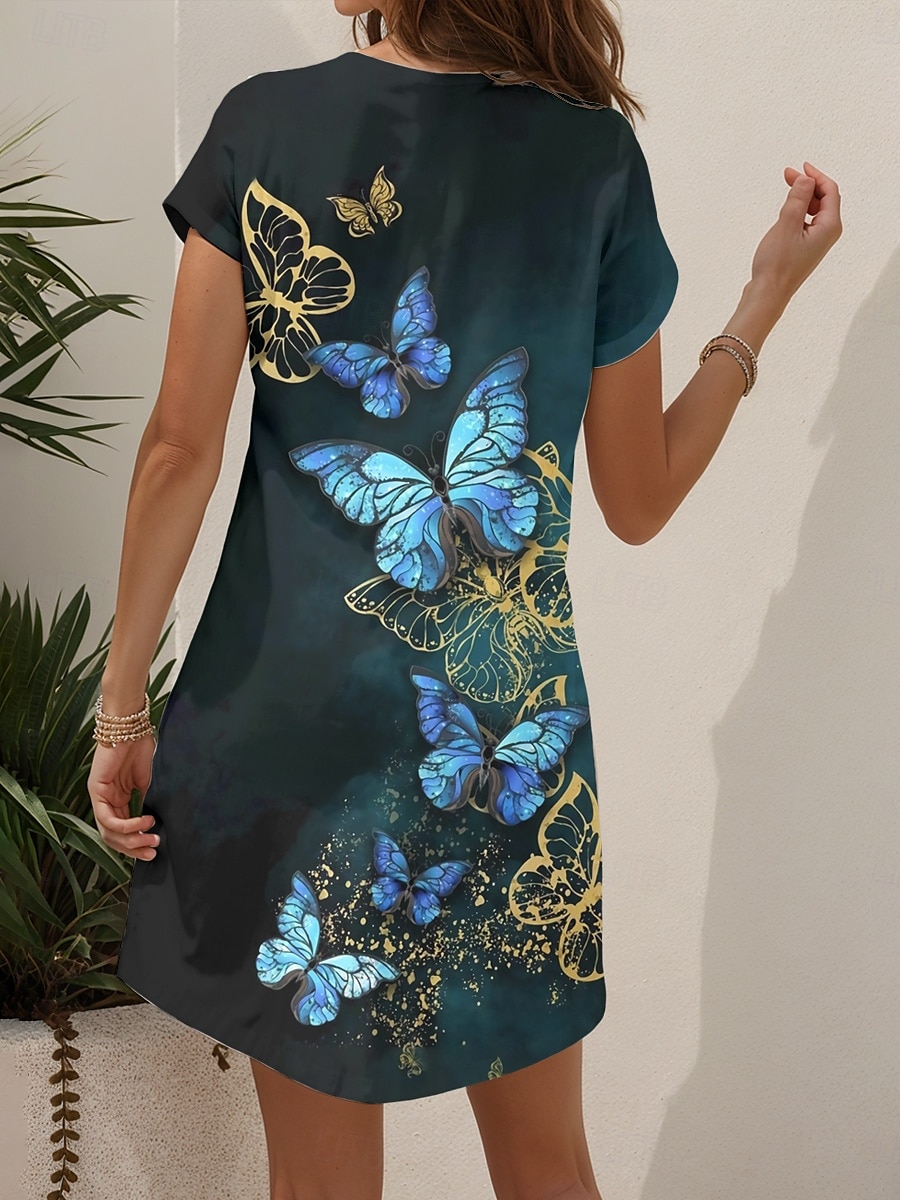 Damen Minikleid T-Shirt-Kleid A Linie Kleid Sommerkleid Urlaub Lässig Ferien Normale Passform Grafik Tiermotiv Schmetterling Kurzarm Rundhalsausschnitt Gelb Rote Blau Purpur Sommer Frühling 2025 - $23.99 –P2