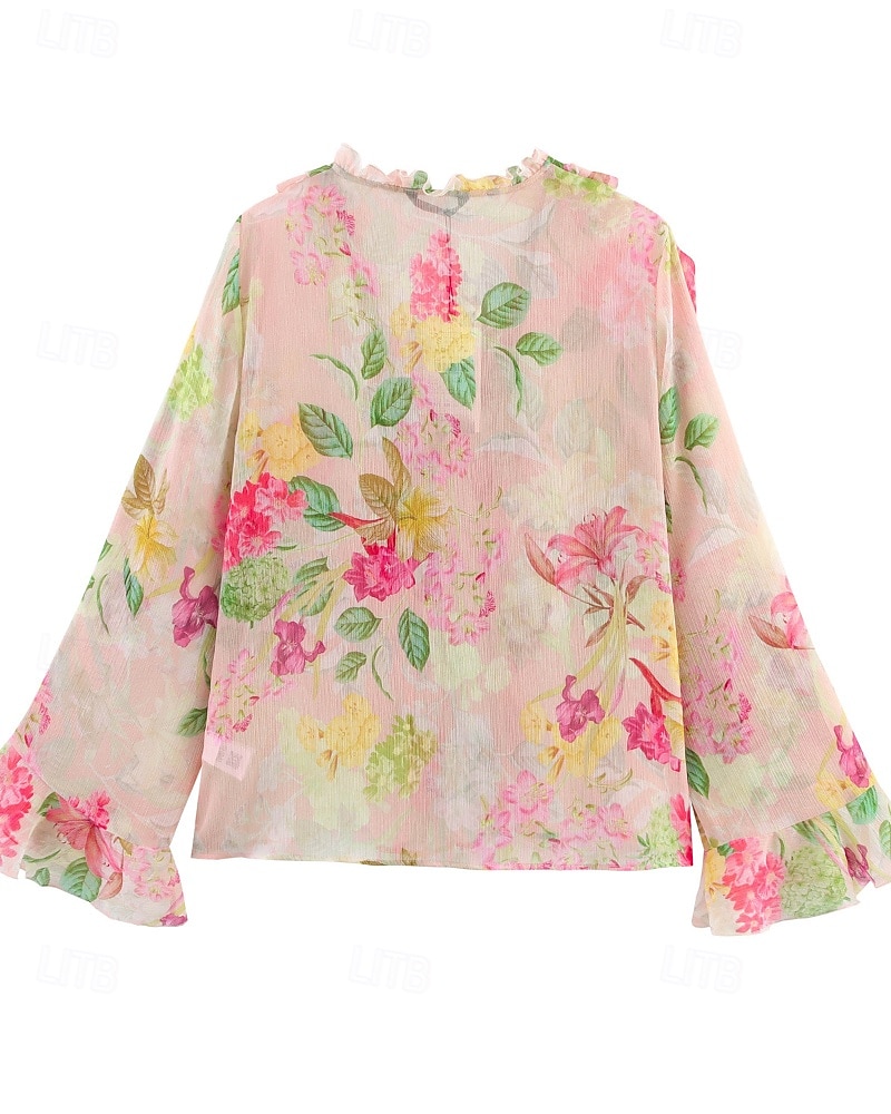 Dame Skjorte Bluse Blomsternål i krystall Stilfull Moderne Langermet V-hals Vanlige topper Ferie Ut på byen Trykt mønster Rosa Høst 2025 - $28.99 –P2