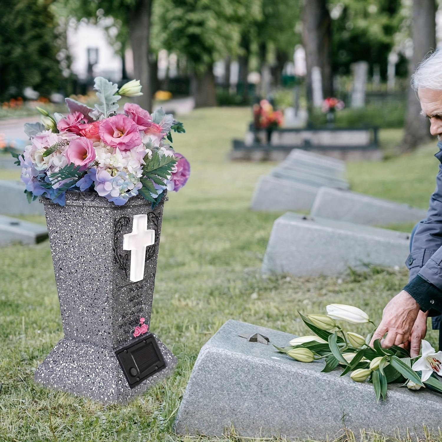 Solar Cemetery Grave Vase with LED for Fresh Artificial Flowers Headstones Vases with Spikes Grave Decorations for Cemetery Grave Markers Decor Halloween Christmas Decoration Memorial Gifts 2025 - $53.99 –P5