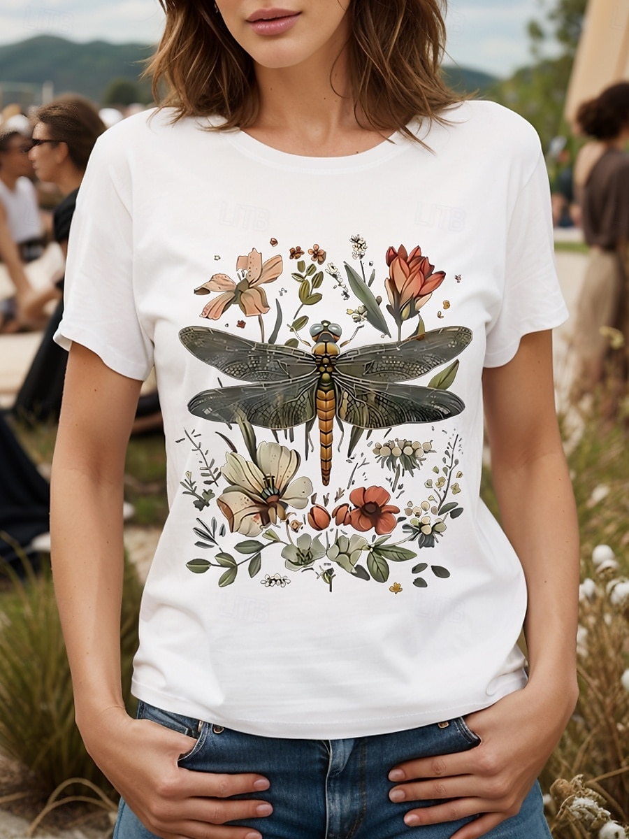 Femmes T-shirt Fleuri Graphique Libellule ancien Élégant Classique Manche Courte Col ras du cou Col rond Hauts Réguliers Quotidien Week-end Imprimé Noir Blanche Jaune Rose Claire Rouge Été Printemps de 2025 ? $19.99 –P7