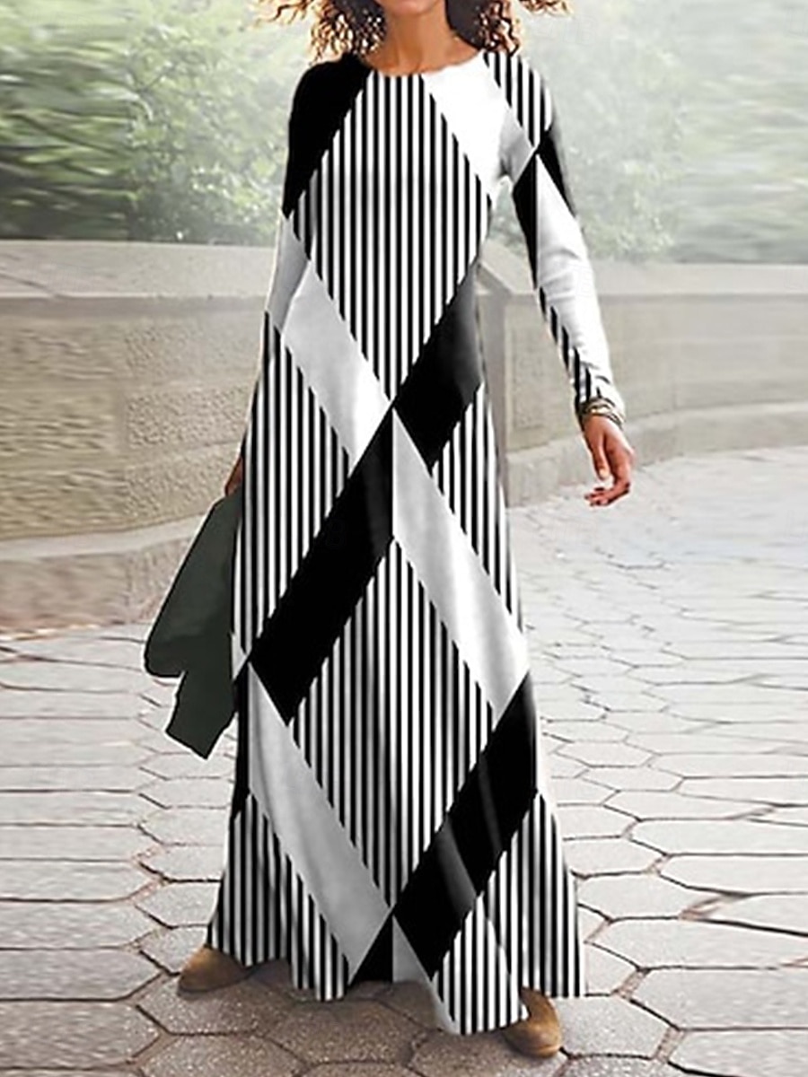 Sukienka Maxi Damska Vintage Boho A-Linia Sukienka Z Okrągłym Dekoltem Długi Rękaw Codzienna Regularna Fason Graficzny Geometryczny Czarny Czerwony Pomarańczowy Wiosna Jesień Zima 2026 - $34.99 –P3