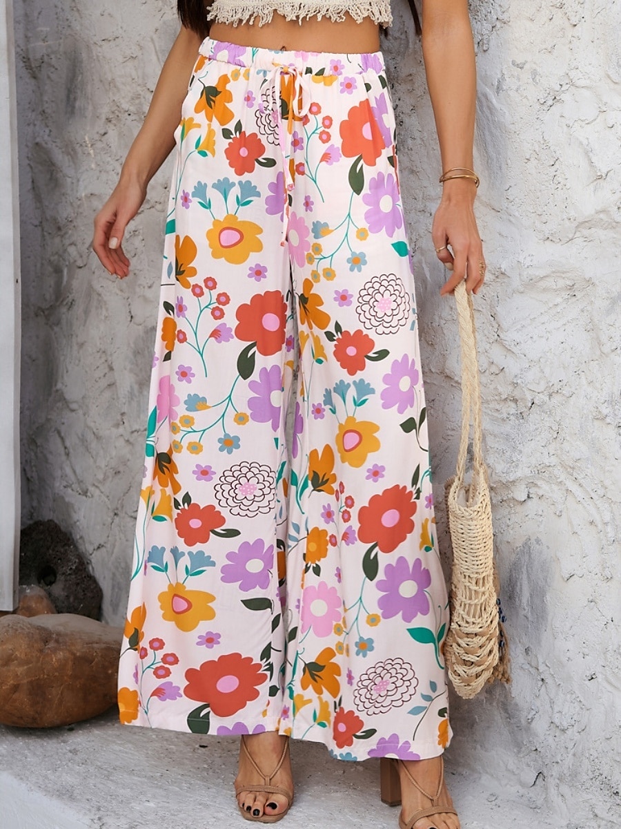 Femmes Jambe large Chinos Vacances ancien Mode Longueur complète Taille haute Fleuri Ceinture Élastique Impression Confortable Doux Micro-Élastique Extérieur Vacances Rue Blanche Jaune Rose Claire de 2025 ? $29.99 –P7