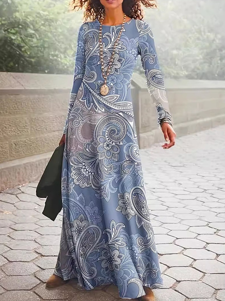 Damen Maxi Kleid Vintage Bohemian A-Linie Kleid Rundhalsausschnitt Langarm Lässig Täglicher Regulärer Schnitt Grafisch Paisley Blau Dunkelgrün Grün Frühling Herbst Winter 2026 - $34.99 –P1