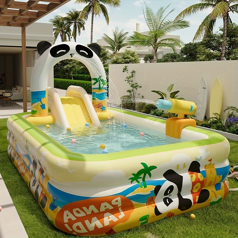 Aufblasbarer Panda-Pool für Erwachsene – 3-lagiger rechteckiger Sommerkühler für den Außenbereich mit Rutsche, eingebauten Sitzen &Palmendesign, tragbarer Partypool ohne Strom für den Garten für 2025 - $46.99 –P1