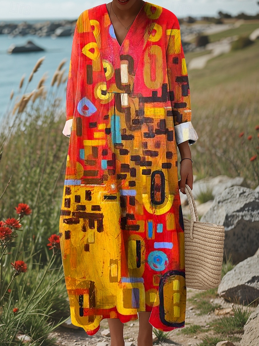 Damen Midikleid Sommerkleid Shiftkleid Urlaub Lässig Strand Ausgehen Strand Lässiger Schnitt Grafik Geometrisch Abstrakt Langarm V Ausschnitt Rosa Blau Orange Sommer Frühling Herbst 2025 - $35.99 –P4