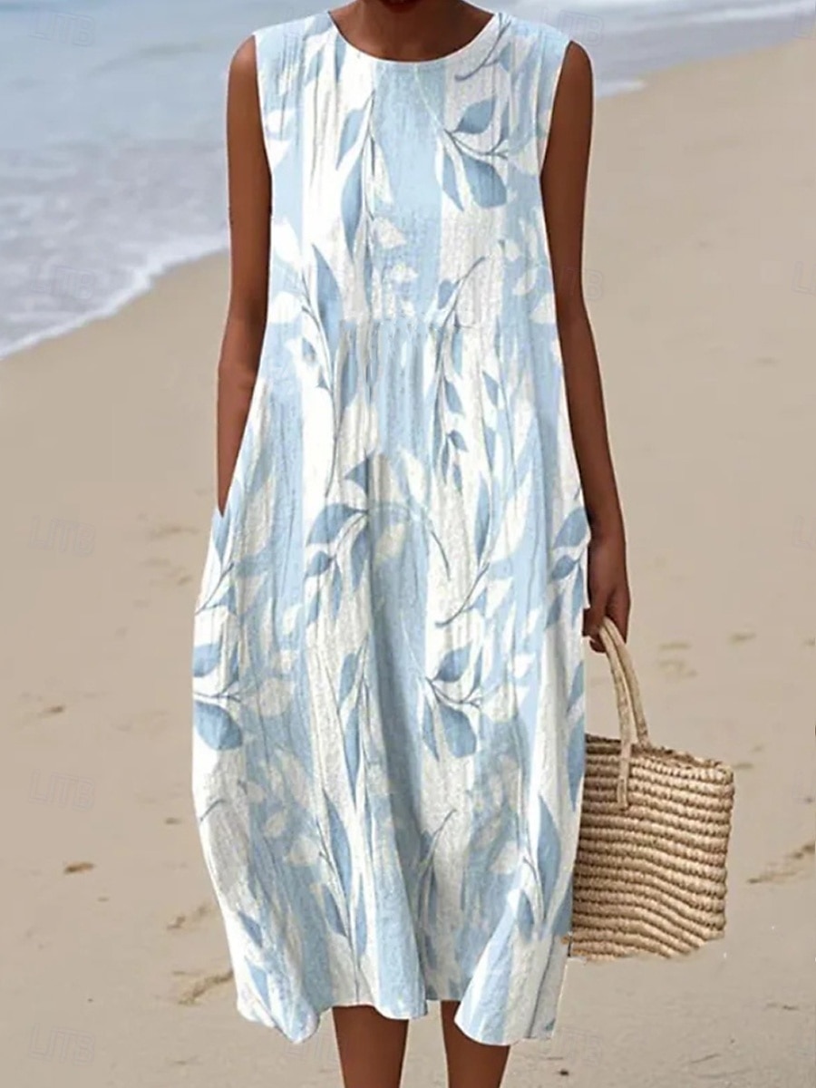 Damen Midi Kleid Leinenähnliches Maxikleid Urlaub Casual Boho Ausgehen Floral Grafik Ärmellos Rundhals Weiß Blau Orange Grün Sommer Frühling 2026 - $39.99 –P4