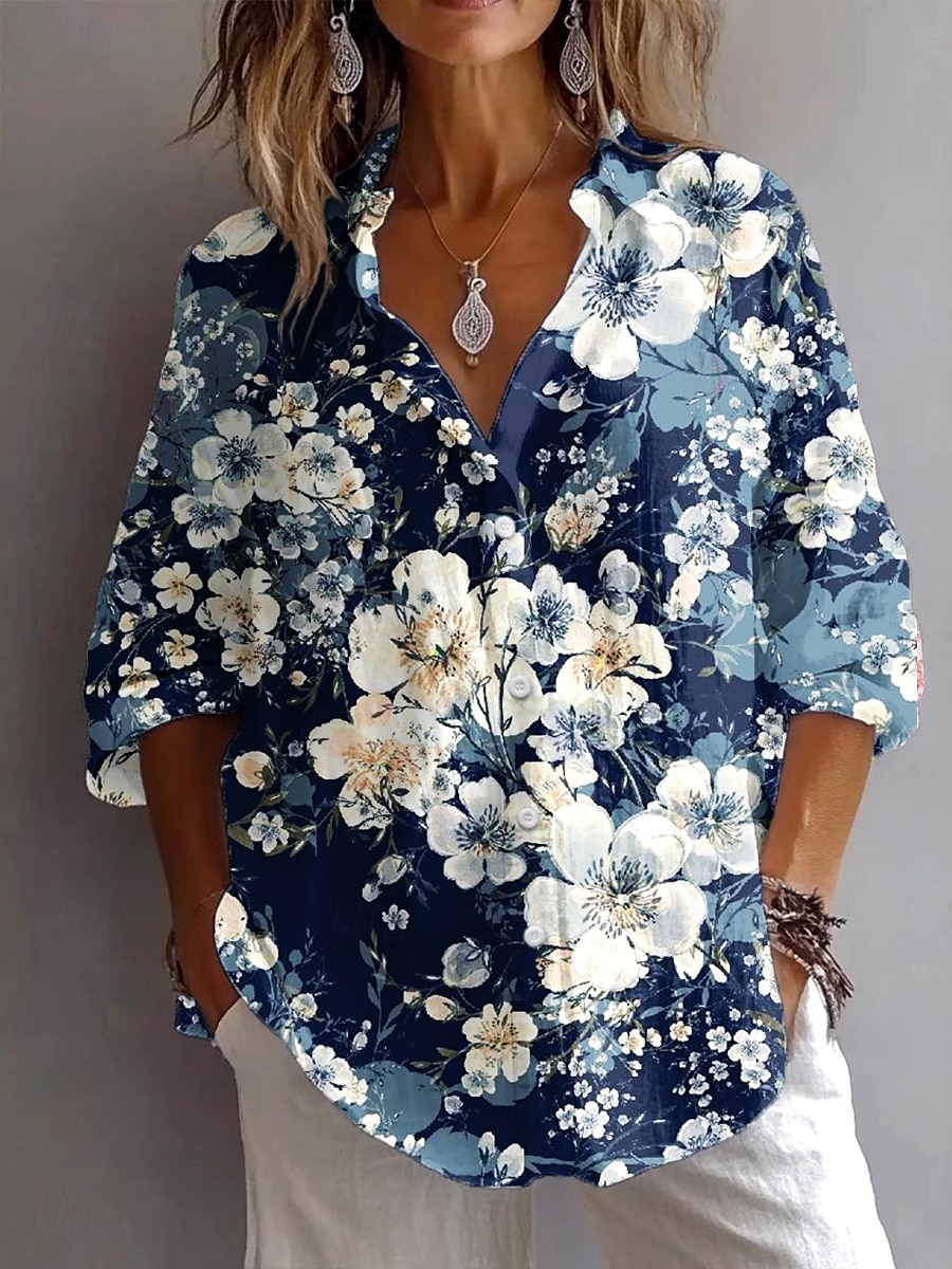 Damenhemd Langarm Button-Down Bluse Floral Grafik Geometrisch Vintage Täglich Stylisch Hemd Kragen Reguläre Oberteile Arbeit Täglich Urlaub Knöpfe Druck Hellgrün Blau Fuchsia Sommer Frühling Herbst 2025 - $32.99 –P2