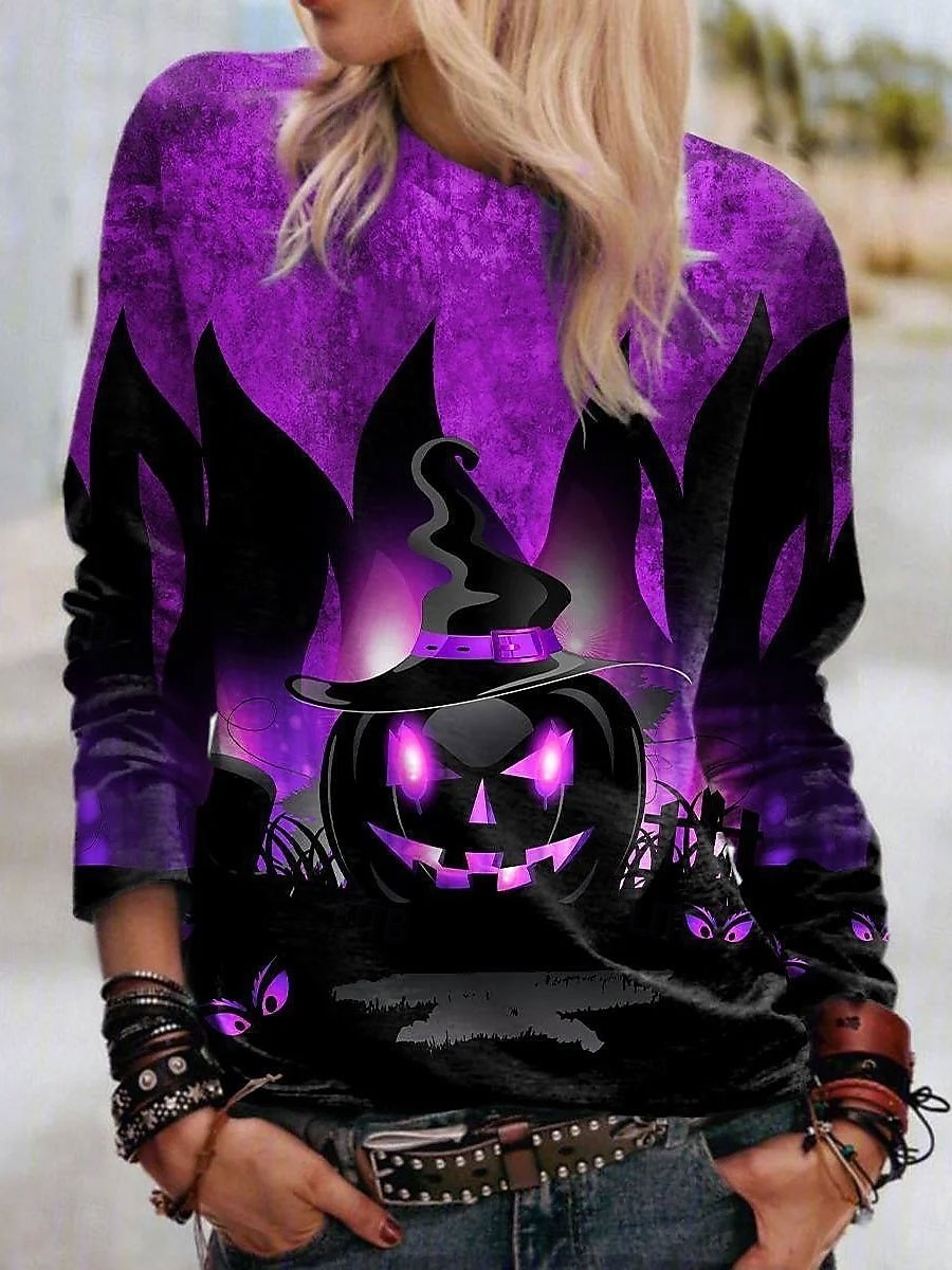 Halloween Maglietta Femminile Jack-o'-lantern Manica Lunga Girocollo Maglietta Grafica Fantasma Vintage Elegante Classica Top Girocollo Giornaliero Weekend Stampa Blu Viola Arancione Verde Primavera del 2026 a $24.99 –P4