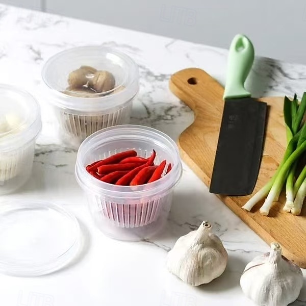 Lot de 5 boîtes de conservation pour aliments avec couvercles, récipients de conservation pour oignons, gingembre et ail, bols de préparation ronds avec drainage pour réfrigérateur, organisateur de 2025 ? $10.49 –P3