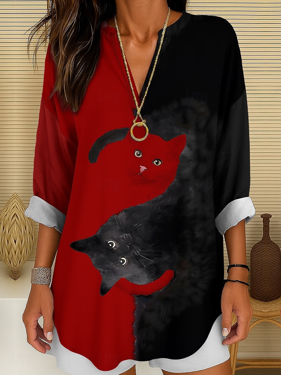 Kvinnes Bluse Tunika V-hals Lange Ermer Boho Casual Sommer Topper Grafisk Dyr Katt Vintage Tropisk Vanlige Topper Daglig Bruk Print Svart Og Hvit Gul Rosa Rød Blå 2025 - $27.99 –P9