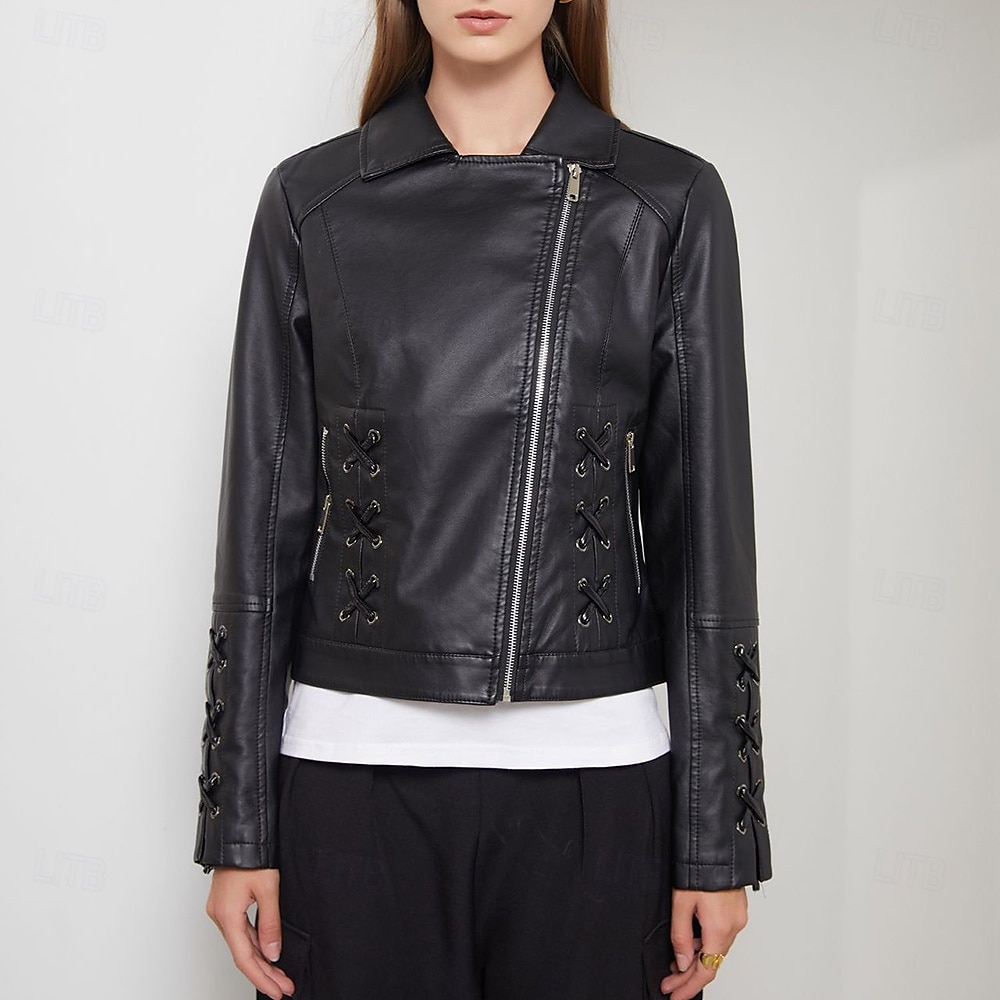Women's Faux Leather Jacket Comfortable Full Zip Fashion Street Style Plain Outdoor Casual Daily Regular Turndown Regular Fit Long Sleeve Outerwear Black Red Green Spring Fall 2025 - $43.99 –P7