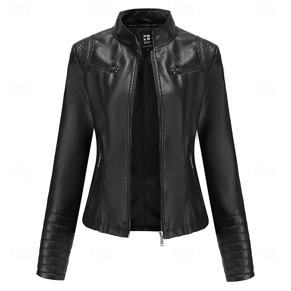 Dames Jas van imitatieleer Comfortabel Zak Volledige ritssluiting Modieus Street Style Effen Buiten Casual / Dagelijks Normaal Opstaand Normale pasvorm Lange mouw bovenkleding Zwart Rood Kameel Lente 2025 - $41.99 –P9
