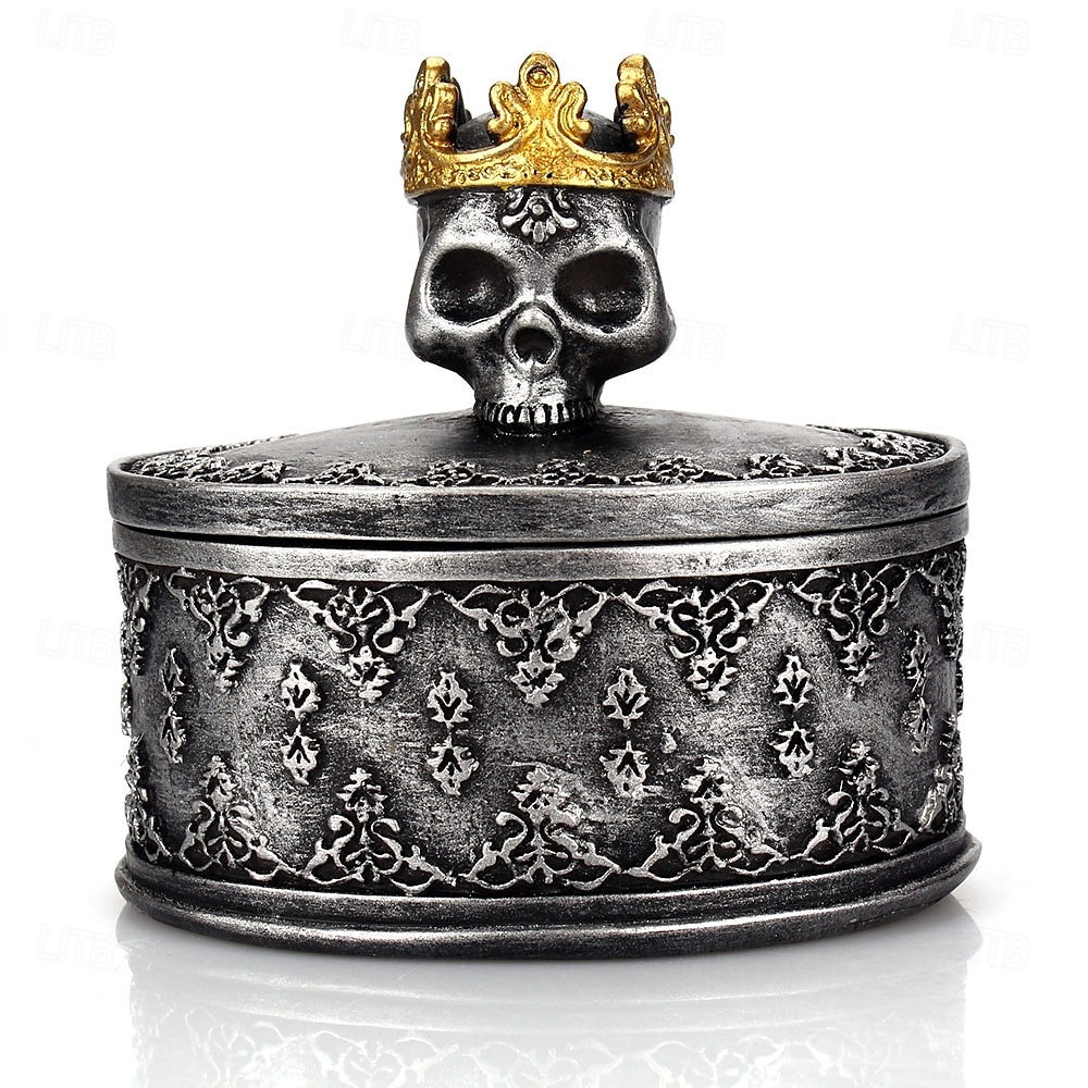Caixa de armazenamento de joias com estátua de caveira e coroa de Halloween com tampa, à prova de poeira, suporte de vela artesanal, decoração única de Halloween, pequeno enfeite de resina para exibição de mesa em casa de 2025 por $12.99 –P7