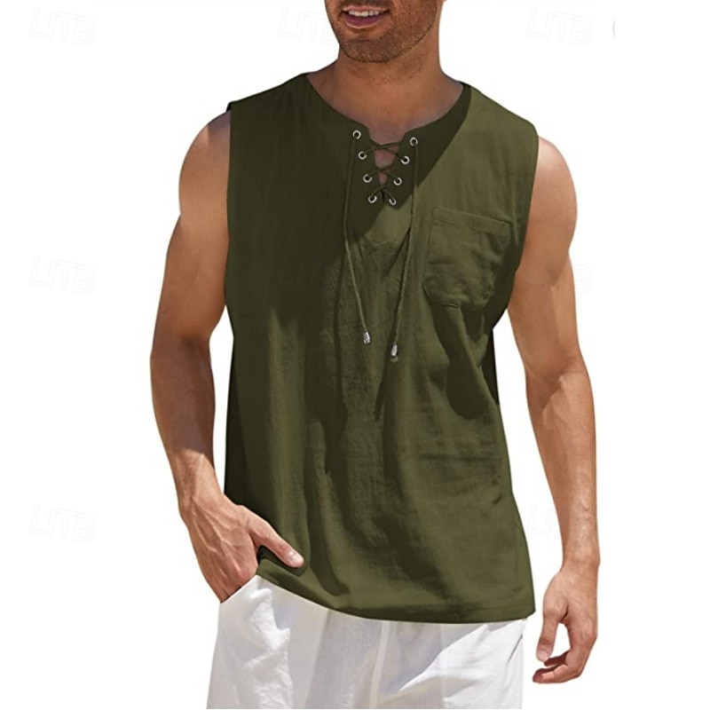 Per uomo Camicia Camicia di lino Camicia popover Camicia Estiva Abbigliamento da spiaggia Maglietta senza maniche Tinta unica Vacanza Streetwear Nero Bianco Blu marino Azzurro cielo Senza Maniche del 2025 a $19.99 –P11