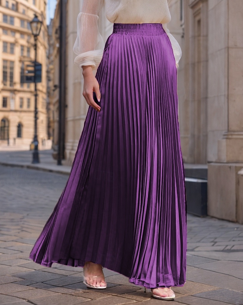 Pentru femei Fustă Fusta lunga Modă Lung Maxi Talie Înaltă Fuste Mată Zdrobit Plisată Sidefat Micro-elastic Zilnic Concediu Măr Verde Caisă Roșu Vin Roz mov Primăvară, toamnă, iarnă, vară Poliester 2025 - $19.99 –P7