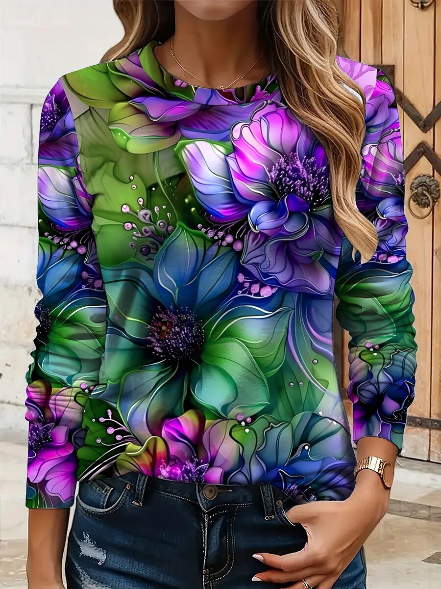 Per donna Maglietta Floreale Grafico Piante Vintage Elegante Classico Manica Lunga Girocollo Top Regolari Quotidiano Stampato Giallo Rosso Blu Viola Verde Estate Primavera Autunno del 2025 a $22.99 –P6