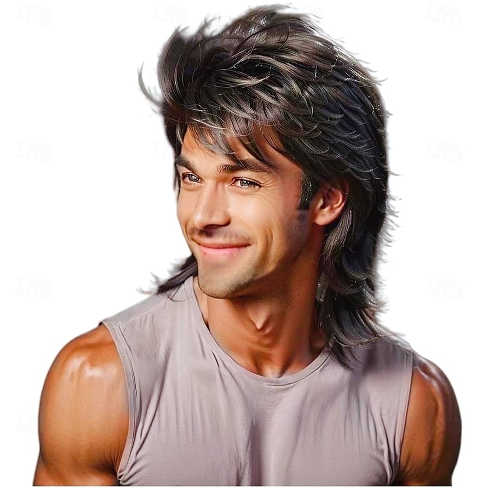 Mullet-peruukki musta 80-luvun miesten peruukki punk rocker hiukset juhlat päivittäin halloween-asut pitkät peruukit 2026 - $21.99 –P6