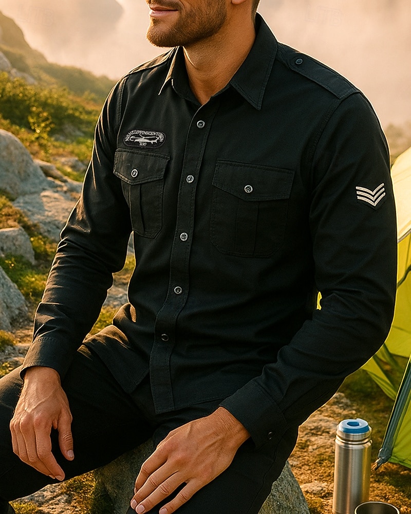 Муж. рубашка-карго Длинный рукав Отложной Верхняя часть На открытом воздухе Дышащий Весна Осень Хлопок Черный Зеленый Теннис Гольф Бег 2026 - $31.99 –P3