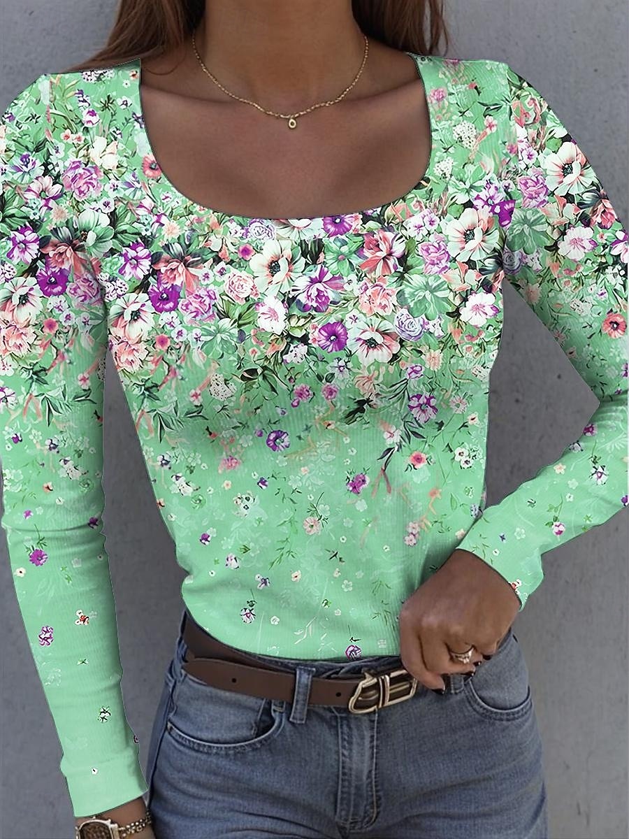 Maglietta da donna in cotone a coste con grafica collo quadrato a maniche lunghe casual floreale vintage top regolari per uso quotidiano stampa gialla rosa blu viola verde primavera autunno del 2026 a $26.99 –P1