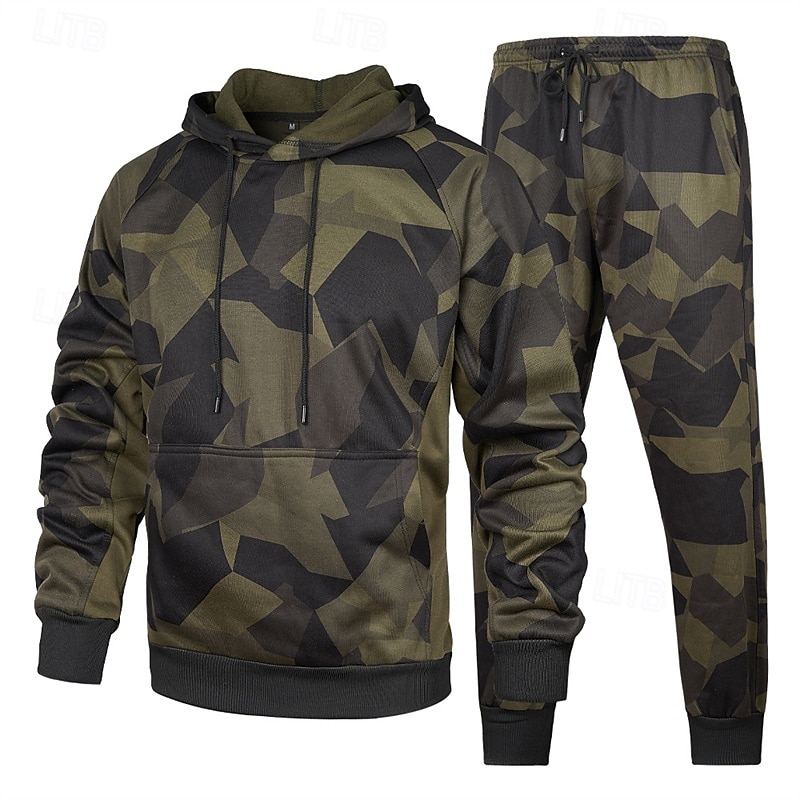 Voor heren Trainingspak Kledingset Truien instellen Capuchon Buiten Dagelijks Sport Zak Trekkoord camouflage blauw Khaki Leger Groen Grafische afdruk Polyester Sportkleding Modieus Streetwear Herfst 2025 - $44.99 –P1