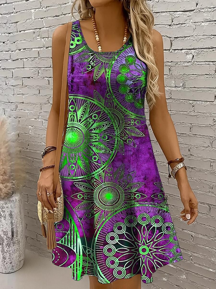 Damen Minikleid Sommerkleid A Linie Kleid Urlaub Lässig Boho Party Ferien Date Normale Passform Grafik Geometrisch Boho Paisley Damast Ärmellos U-Ausschnitt Rundausschnitt Rote Blau Purpur Grün 2025 - $21.99 –P4