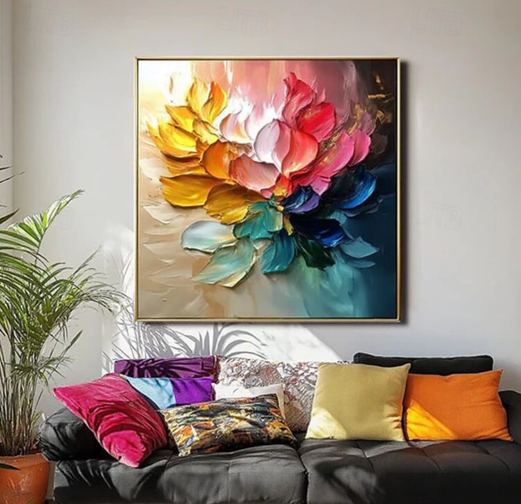 Pintura a óleo artesanal multicolorida com flores, pintada à mão, pétalas vibrantes em gradiente, pinceladas texturizadas empastadas, emolduradas em madeira natural, casa eclética moderna com detalhes de 2025 por $150.99 –P5