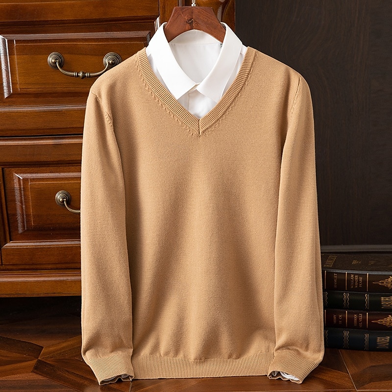 Herr Pullover tröja Stickad tröja Ribbad Sticka Vanliga toppar Stickat Slät V-hals Mode Grundläggande Semester Dagliga kläder Kläder Höst Vinter Kamel Vin S M L 2025 - $25.99 –P6