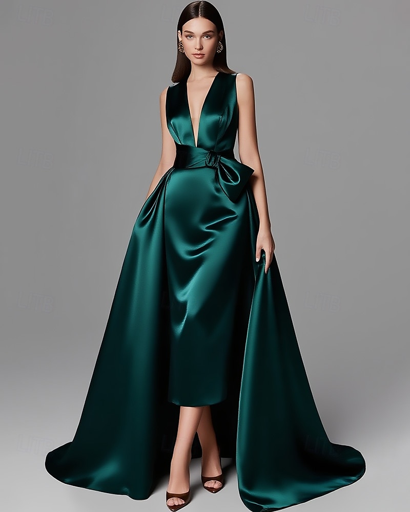 Rochie de seară elegantă, verde auriu, în linie A, rochie formală de nuntă, lungime până la podea, fără mâneci, decolteu în V, culoarea șampanie, rochie de seară pentru mama miresei, satin elastic cu 2025 - $137.99 –P3