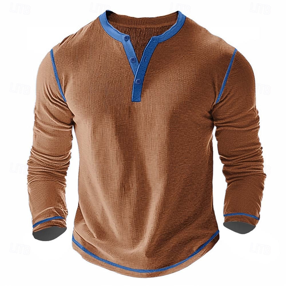Men's T Shirt Henley Shirt Waffle Knit Tee Tee Top Long Sleeve Shirt Long Sleeve Color Block Solid Fashion Designer Basic Patchwork Henley Vacation Street Casual Spring & Fall Dark Gray Black White 2025 - $20.99 –P6