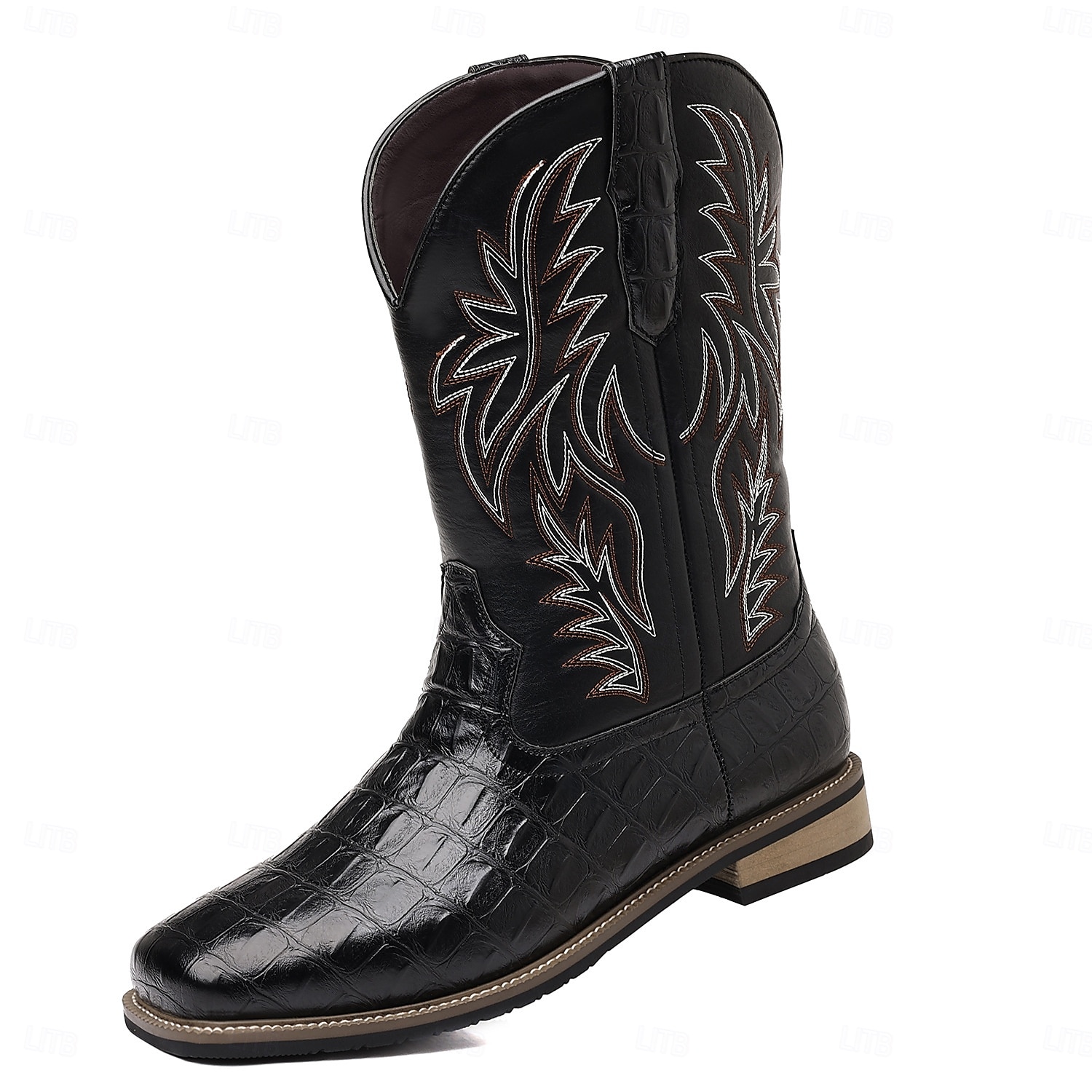 Bottes de cowboy western en cuir de vachette noir gaufré pour hommes avec bout pointu et coutures classiques, chaussures élégantes pour les événements country, l'équitation et la mode rodéo de 2025 ? $54.99 –P13