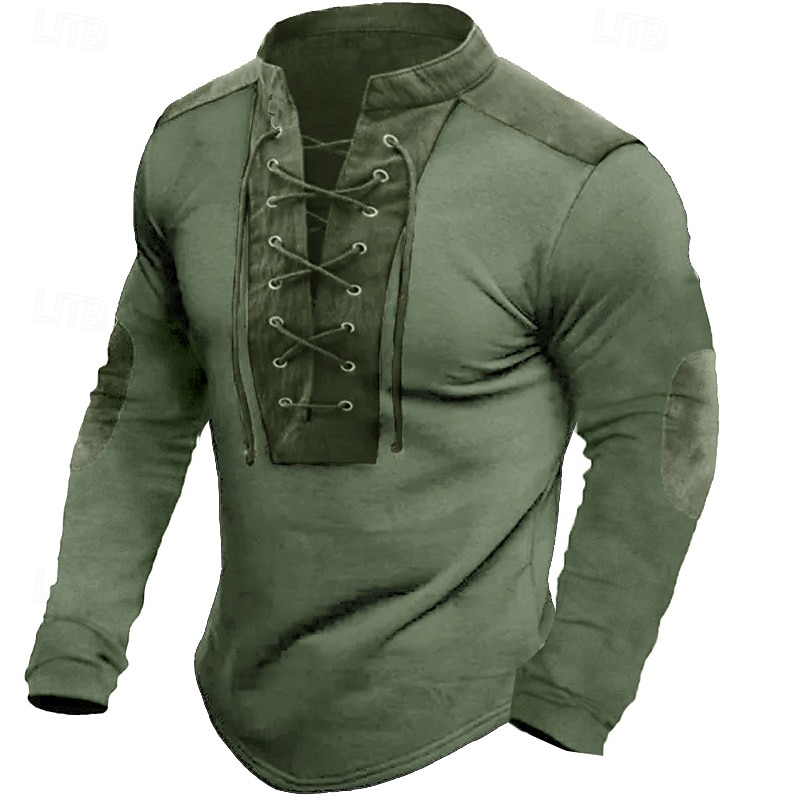Herren T-Shirt aus Baumwollleinen Langarm Stehkragen Henley Sommer Frühling Herbst Einfach Basic Rustikal Modern Patchwork Kordelzug Knöpfe Heim Straße Lässig Schwarz Grau Grün Top T-Shirt für Herren 2025 - $23.99 –P4