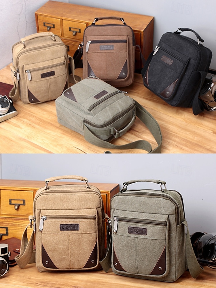 Borsa a tracolla da uomo in tela resistente all'acqua con design antigraffio, borsa a tracolla casual in stile vintage per esterni, viaggi e uso quotidiano del 2025 a $18.99 –P5