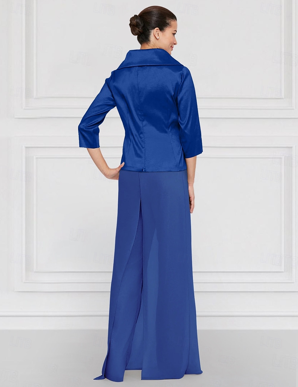 Two Piece Pantsuit Mother of the Bride Wedding Guest Elegant Simple Tailored Lapel Floor Length Chiffon Stretch Satin Long Sleeve with Sash / Ribbon Solid Color 2025 2025 - $132.99 –P3