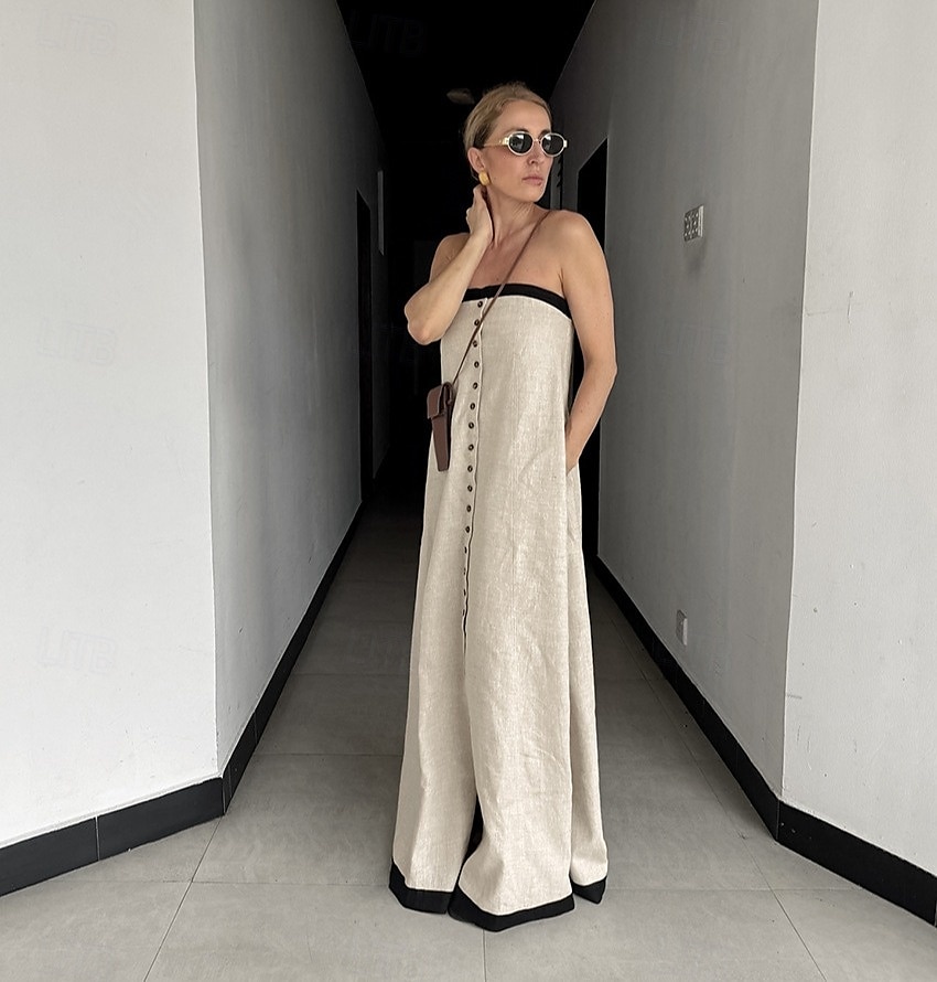 Robe longue en lin et coton pour femme, robe d'été, robe trapèze, robe à épaules dénudées, vacances, anniversaire, décontractée, fête, plage, coupe standard, couleur unie, graphique, sans manches, de 2025 ? $48.99 –P3