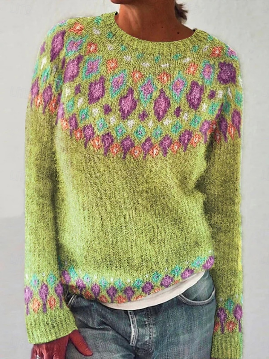 Dame Genser Fritid Myk Geometrisk Riflet Crew-hals Strikket Langermet Vanlige topper Strikke utendørs Daglig Helg Hvit Gul Høst Vinter 2025 - $35.99 –P4