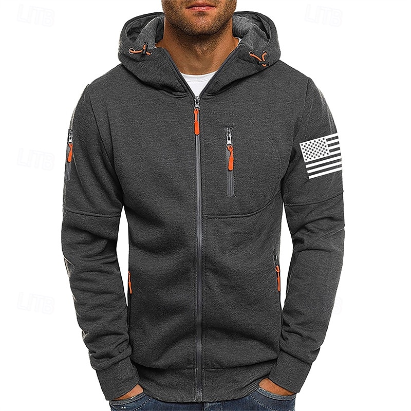 Per uomo Felpa con cappuccio Felpa con cappuccio a zip intera Nero Bianco Vino Verde militare Blu marino Con Cappuccio Bandiera Nazionale Con zip Tasca Sport & Outdoor Quotidiano Ferie Poliestere del 2025 a $22.99 –P3